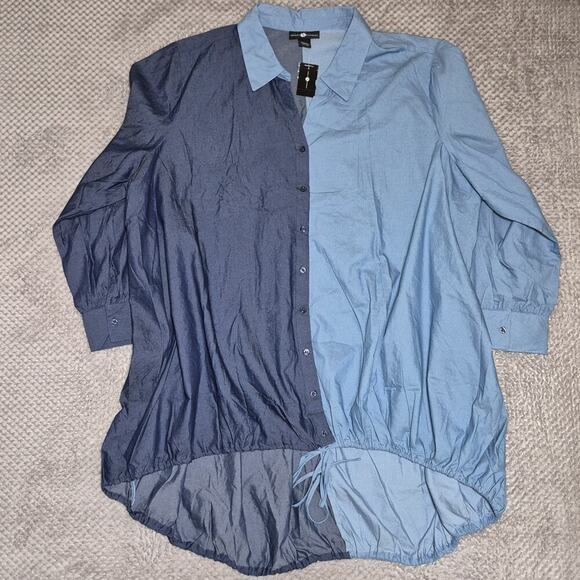 Ashley Stewart Denim Shirt Dress Women 30/32 Blue Colorblock HiLow Drawstring - Picture 2 of 7